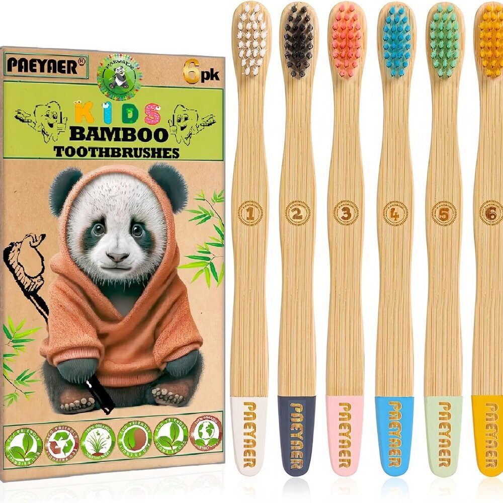 6 Pack Bamboo Kids Toothbrushes - Extra Soft Toothbrush for Kids - Natural Tooth